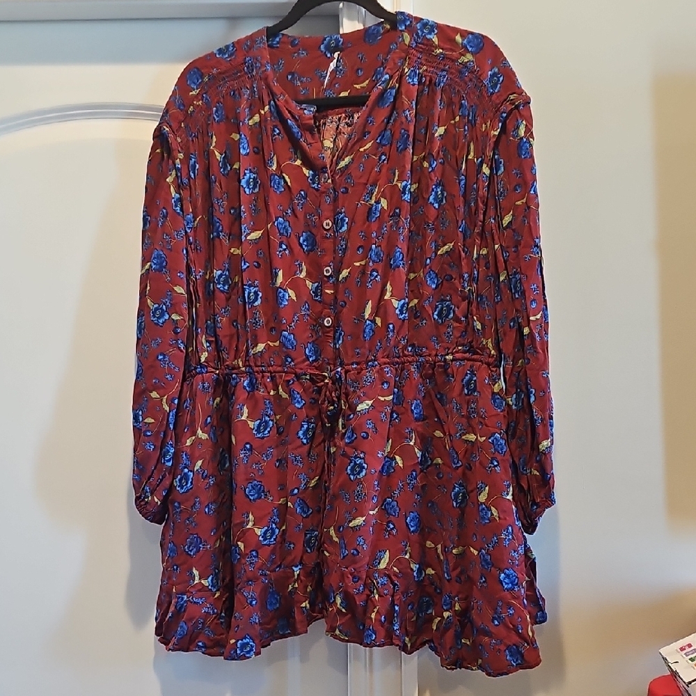 Free People Red and Blue Floral Long Sleeve Top